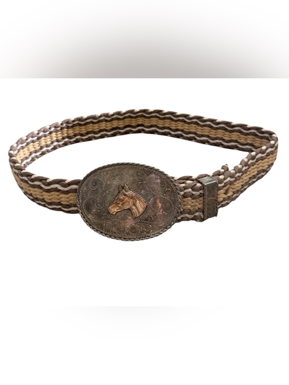 Vintage Western style equestrian motif braided fabric belt with an oval buckle